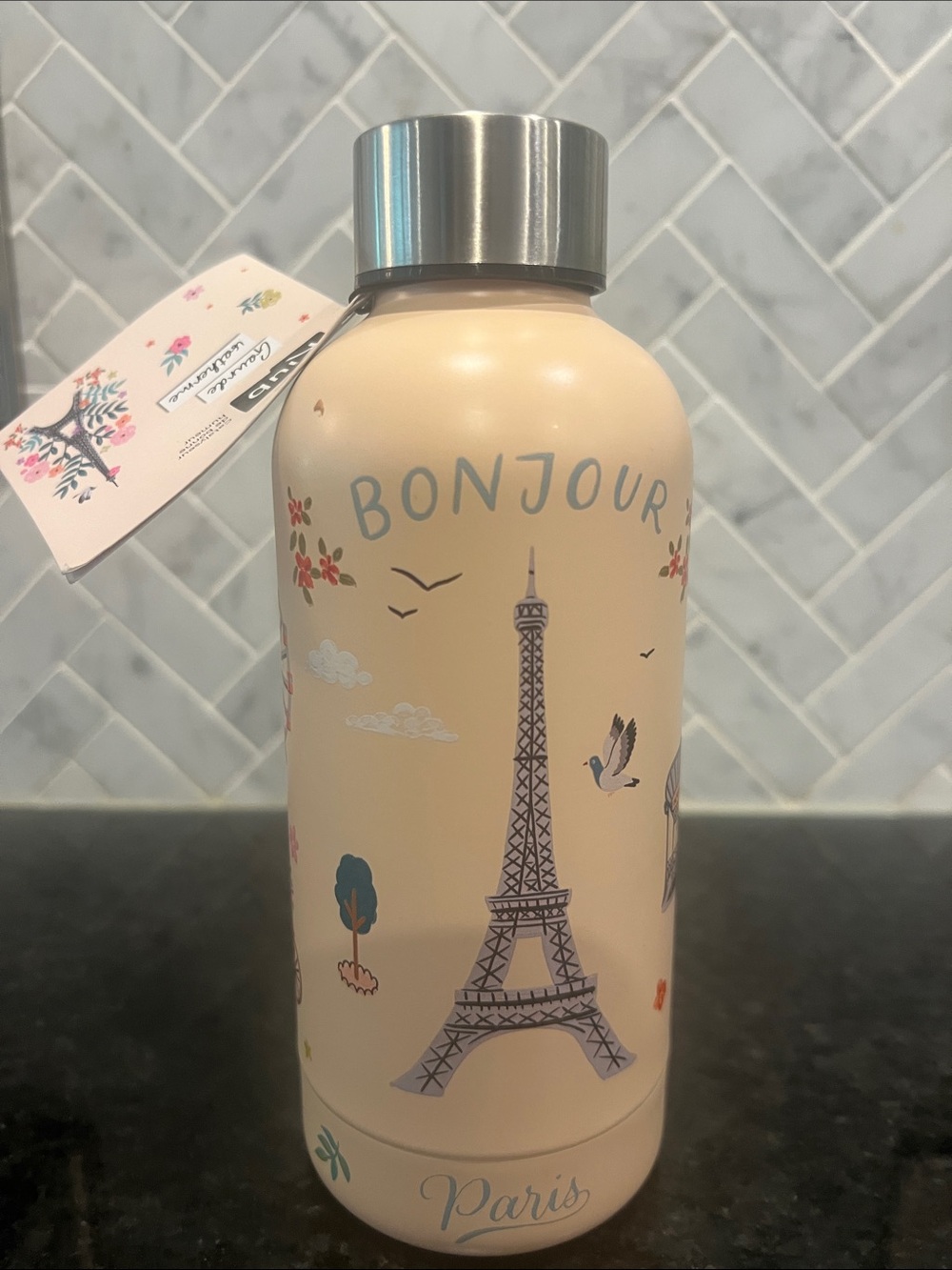 Metal Bonjour Paris Eiffel Tower Water Bottle - Cream